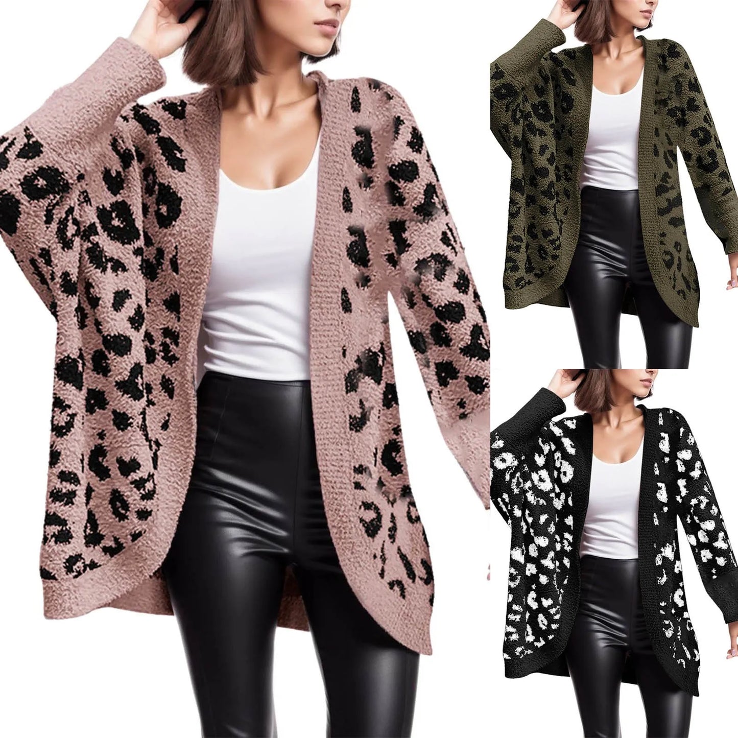 Women Fashion Leopard Print Long Sleeve Sweater Cardigan Loose Knit Button Shirts Work Wear Loose Oversized Vintage Print