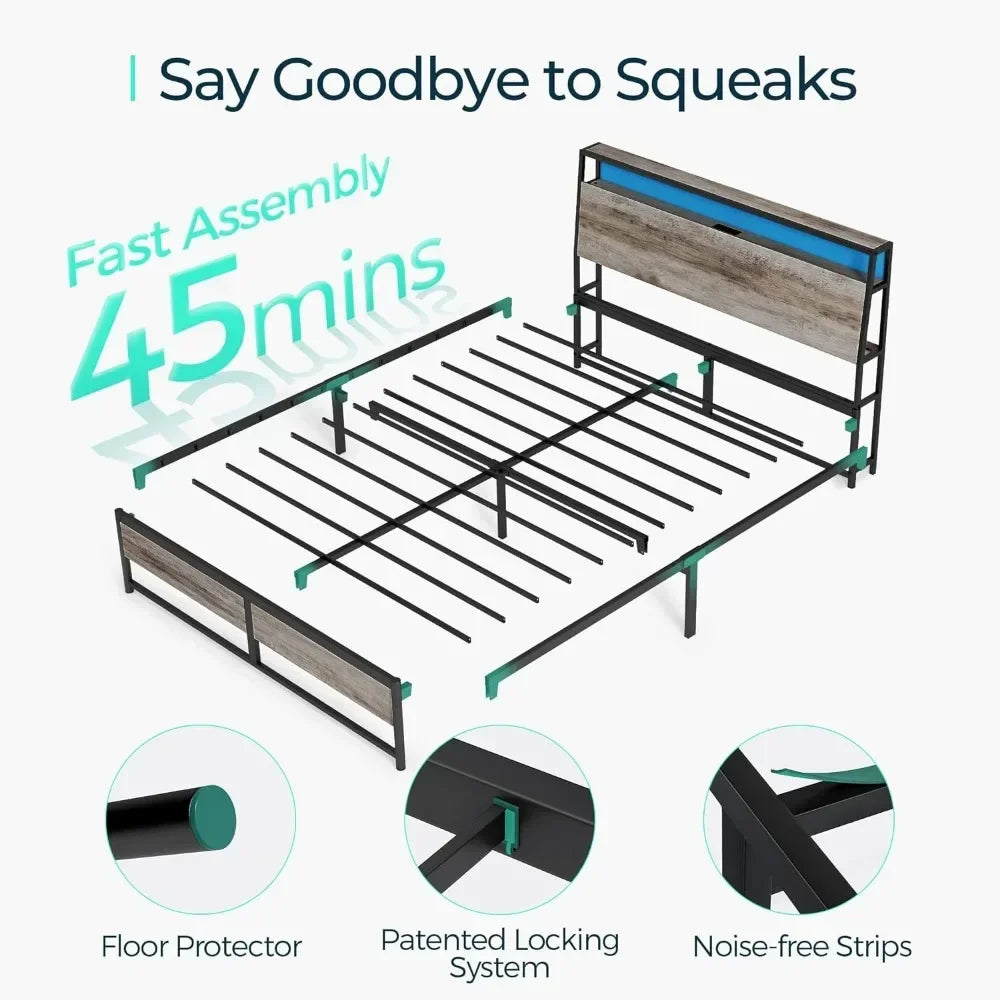 Queen Bed Frame with Ergonomic Headboard, Platform Metal Bed Frame with RGB Lights, Outlets & Charger