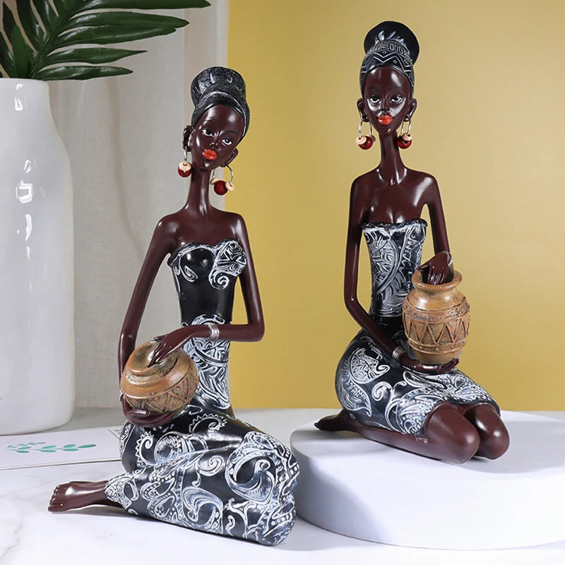 NORTHEUINS Resin Vintage African Crafts Ornament Black Women Art Sculpture Home Living Room Desktop Decor Figurines for Interior