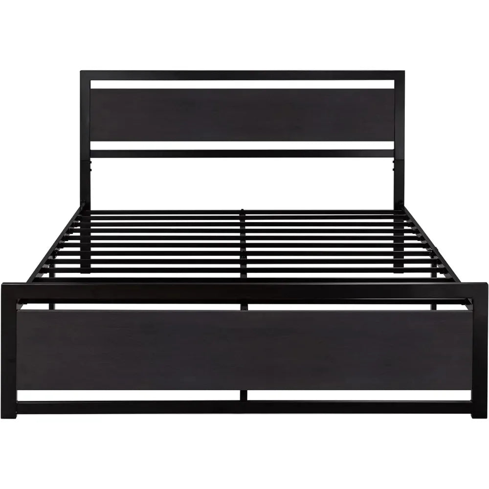 Bedroom furniture full bed frame with headboard, heavy metal platform bed frame, under bed storage, no box spring required,black
