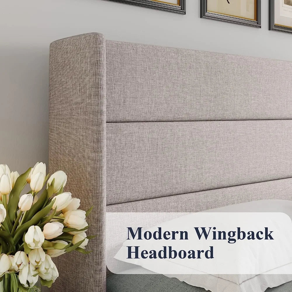Queen Size Lift Up Storage Bed, Modern Wingback Headboard, No Box Spring Needed, Hydraulic Storage, Light Beige
