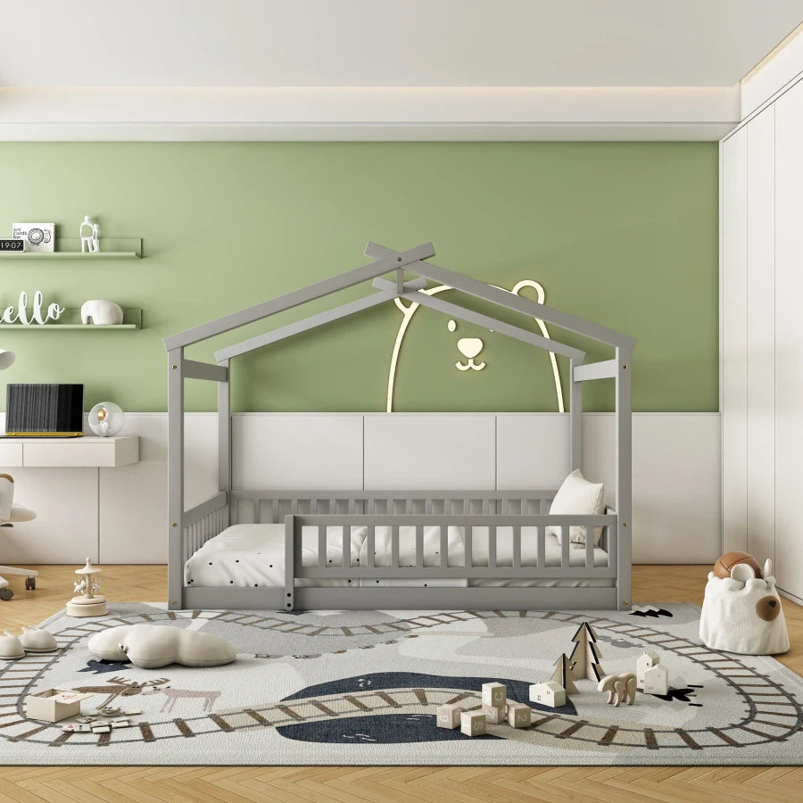 Full Size Wood Bed,House Bed Frame with Fence and roof,Playhouse Design kids bed,simple house bed for Kids,Teens,Girls,Boys