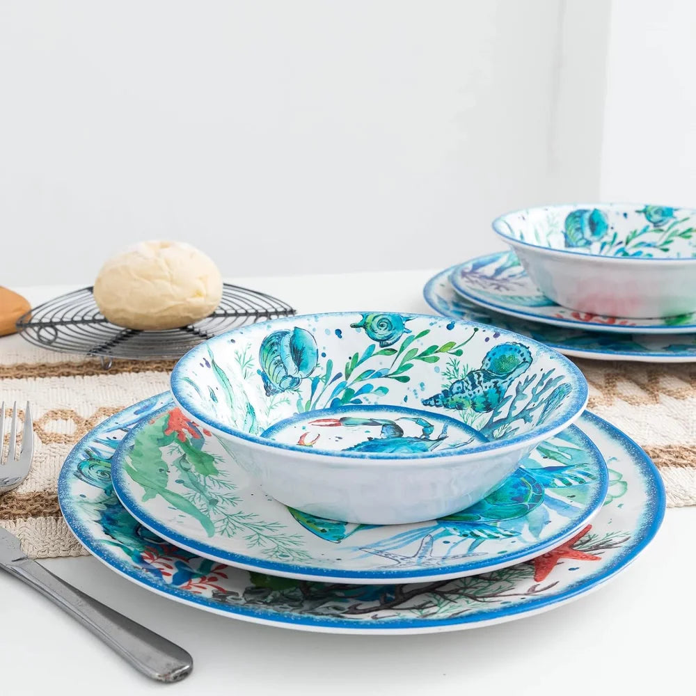 12-Piece Melamine Beach Dinnerware Set, Coastal Plates and Bowls Sets, Oceanic Sea Life Dish Sets for 4, Great for Indoor