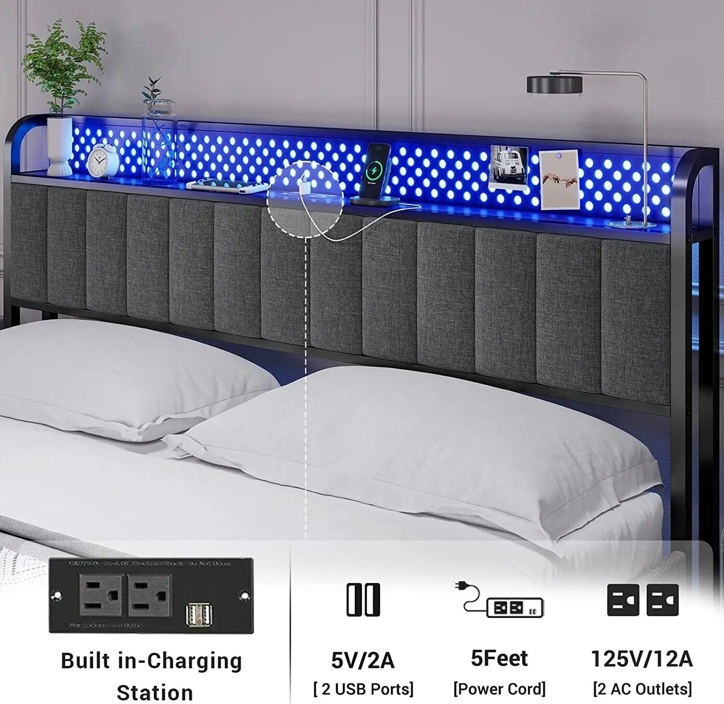 bed King Size Bed Frame with LED Lights Headboard Bed Dark Grey