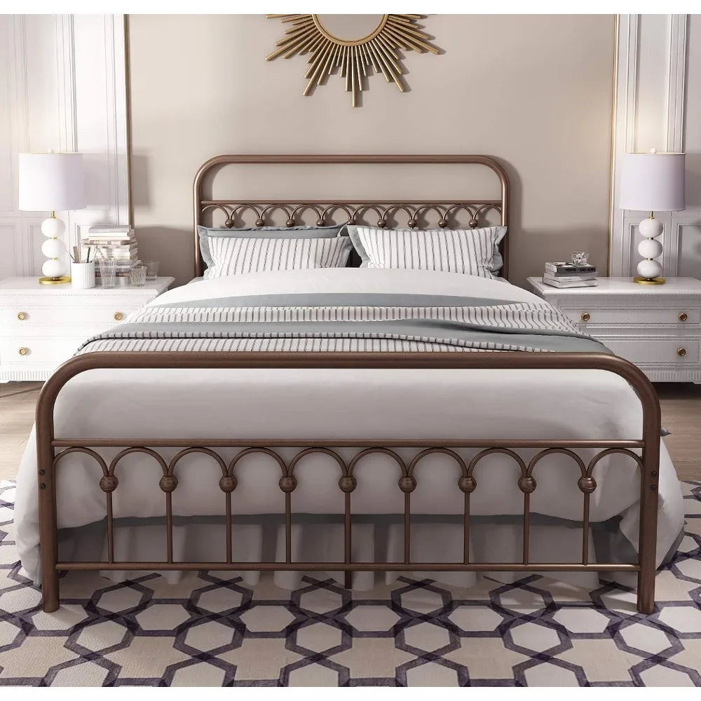 Vintage Sturdy Queen Size Metal Bed Frame with Headboard and Footboard Basic Bed Frame No Box Spring Needed,Antique Brown.