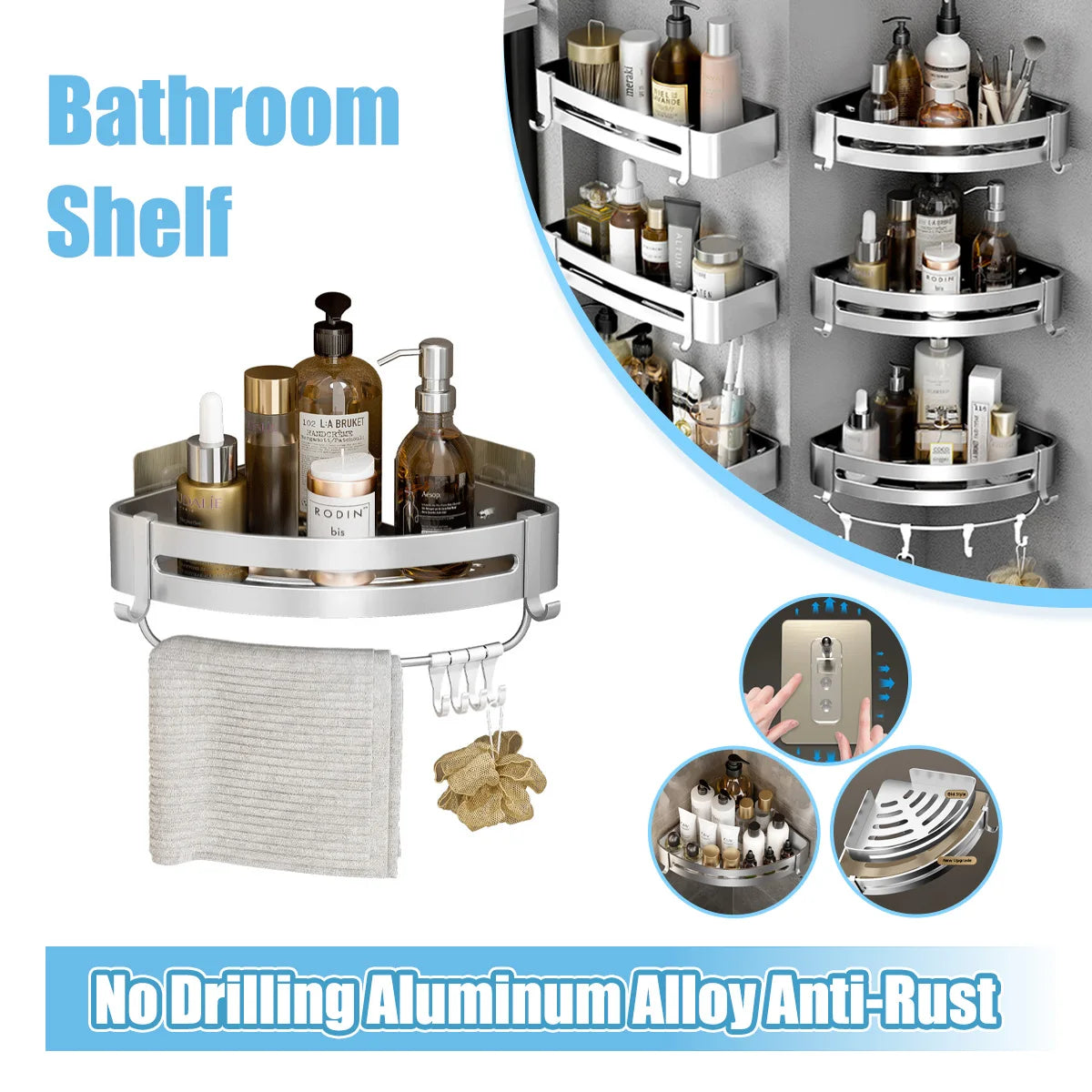 Aluminum Alloy Bathroom Shelf Without Drilling Bathroom Accessories Shampoo Rack Toilet Corner Wall Mounted Shower Shelf