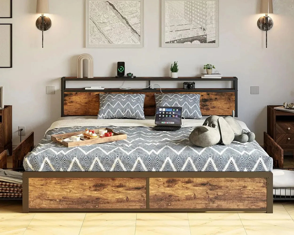 LIKIMIO Queen Bed Frame with Storage Drawer, 2-Tier Storage Headboard with Charging Station, No Box Spring Needed, Easy Assembly