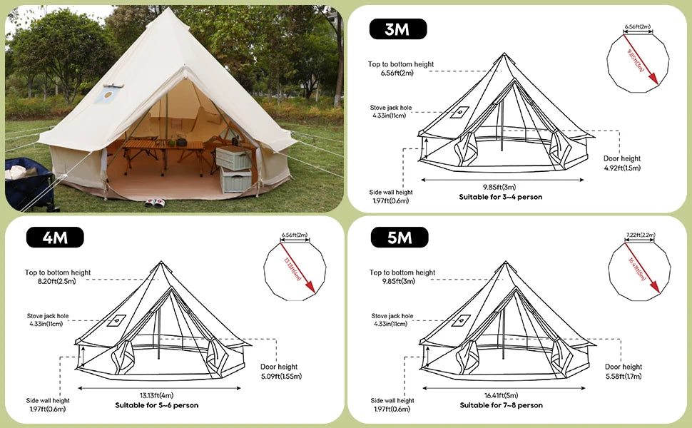 Customized Luxury Waterproof Cotton Tent Canvas Large Family Camp Beige Color Dome Bell Tent For Camping