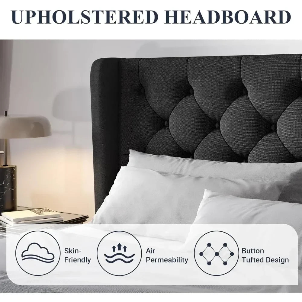 Bed FrameFull-size Bed Frame with button-tufted wing-back headboard with solid wood slatted support, modern upholstered bed fram
