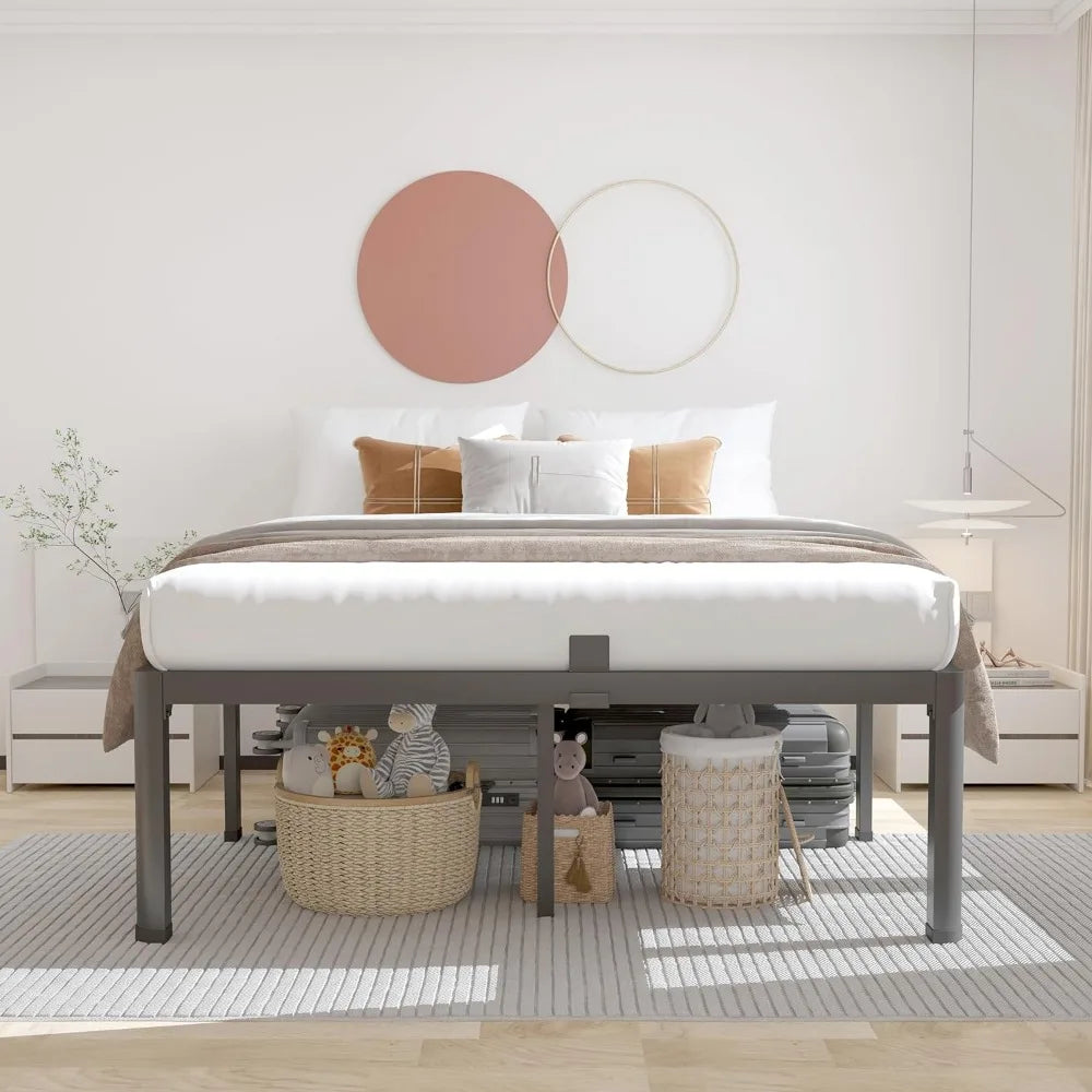 Beds 14 inch Metal Queen Bed Frame with Rounded Corner and Headboard Hole Mattress Retainers 3500LBS Steel Slats No Box Spring