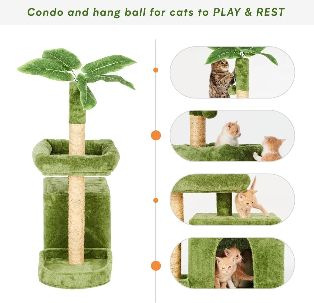 TSCOMON 31.5" Cat Tree / Tower for Indoor Cats with Green Leaves, Cat Condo Cozy Plush Cat House with Hang Ball and Leaf Shape