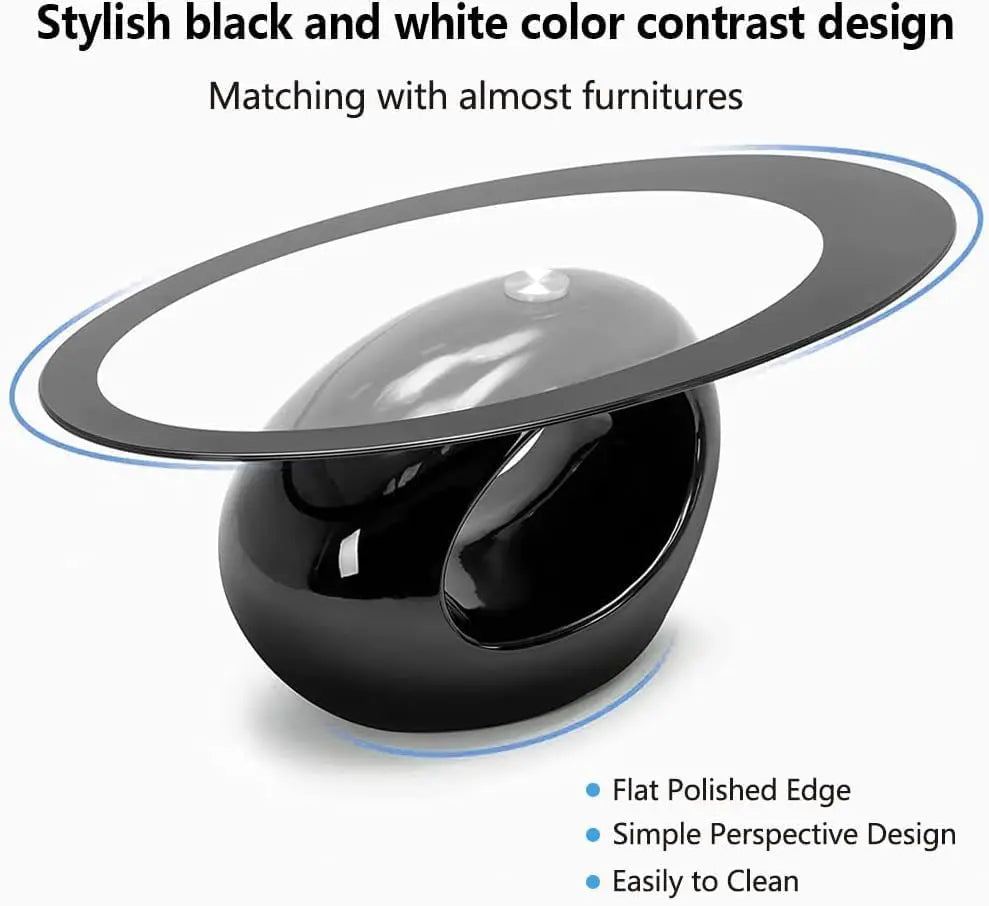 Contemporary Black/White Oval Glass Coffee Table with Round Hollow Base-Modern End Side Table for Home Living Room Furniture