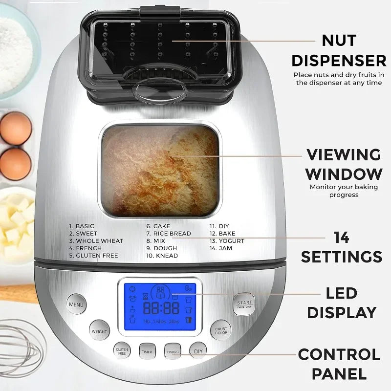 Pohl Schmitt Stainless Steel Bread Machine Bread Maker, 2LB 17-in-1, 14 Settings Incl Gluten Free & Fruit, Nut Dispenser