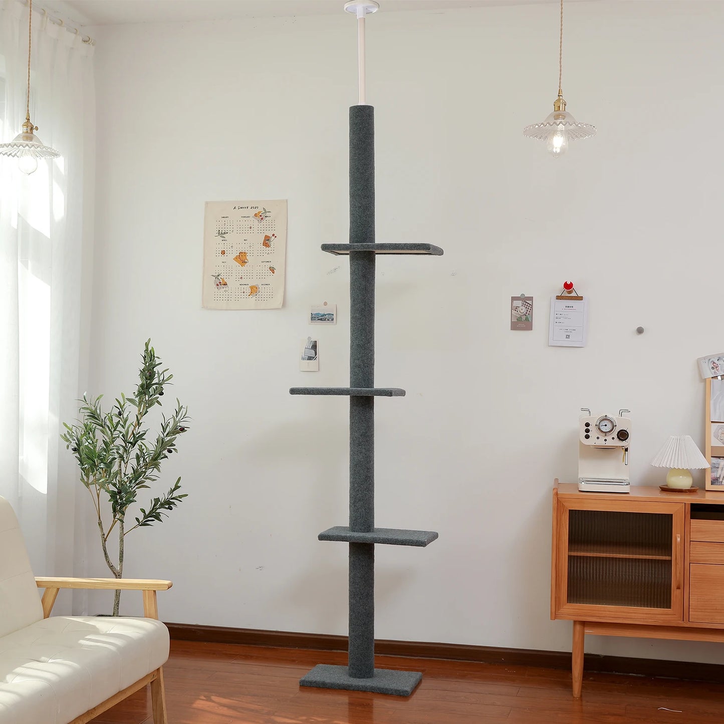 H228-274CM Floor to Ceiling Cat Tree Large Condo 5Level Tower Adjustable Stable Climbing Tree with Scratching Post Dangling Ball
