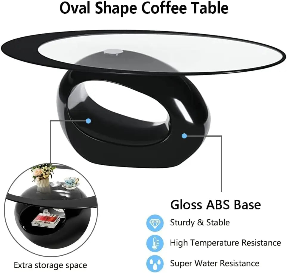 Contemporary Black/White Oval Glass Coffee Table with Round Hollow Base-Modern End Side Table for Home Living Room Furniture