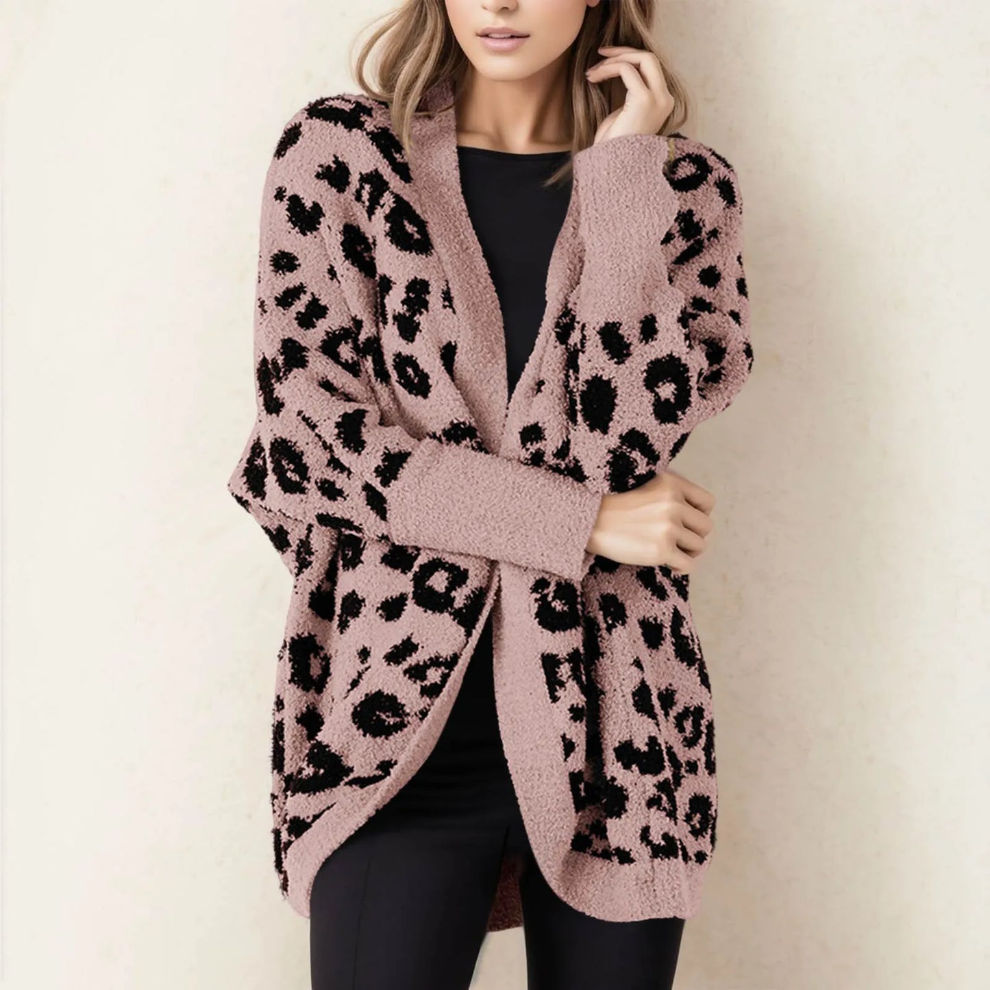 Women Fashion Leopard Print Long Sleeve Sweater Cardigan Loose Knit Button Shirts Work Wear Loose Oversized Vintage Print