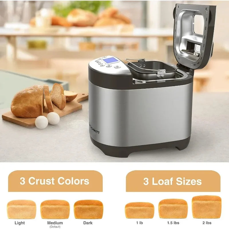 Pohl Schmitt Stainless Steel Bread Machine Bread Maker, 2LB 17-in-1, 14 Settings Incl Gluten Free & Fruit, Nut Dispenser