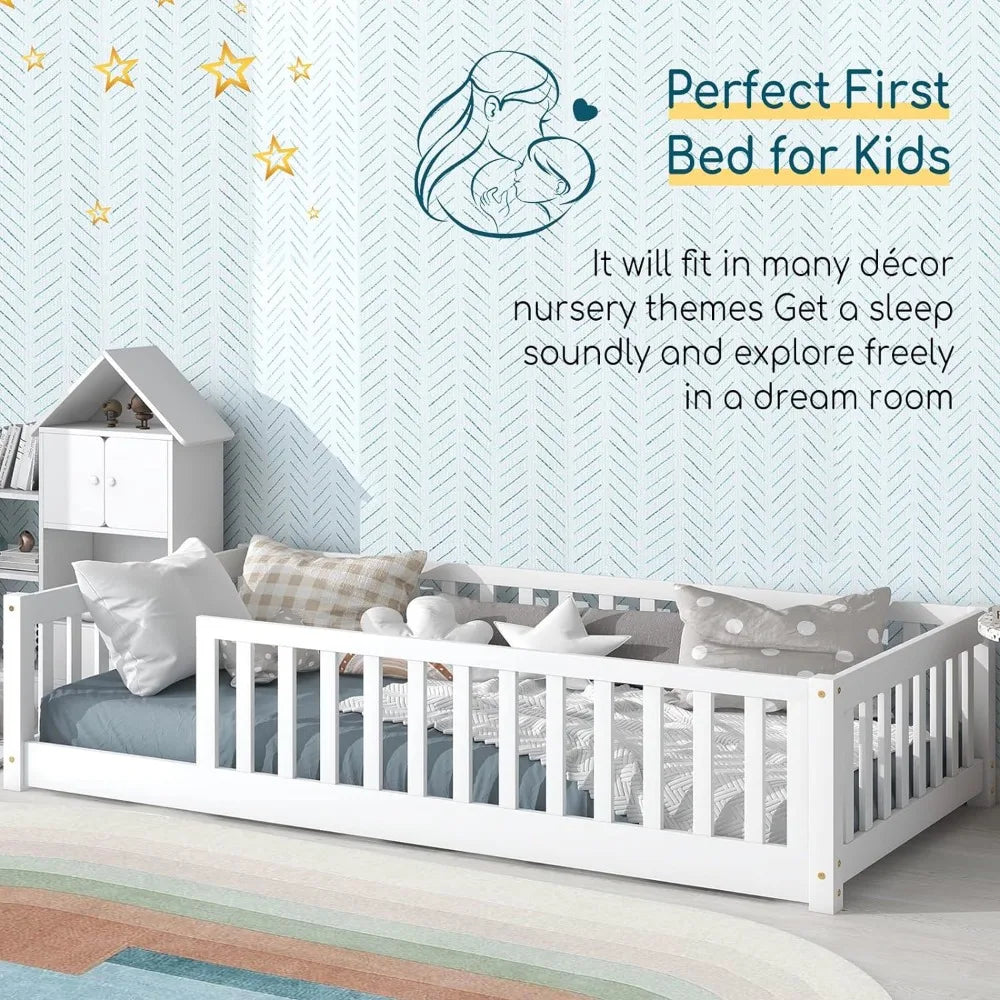 Twin Size Floor Bed for Kids with Safety Guardrails and Door and Slats, Montessori Bed Frame for Kids