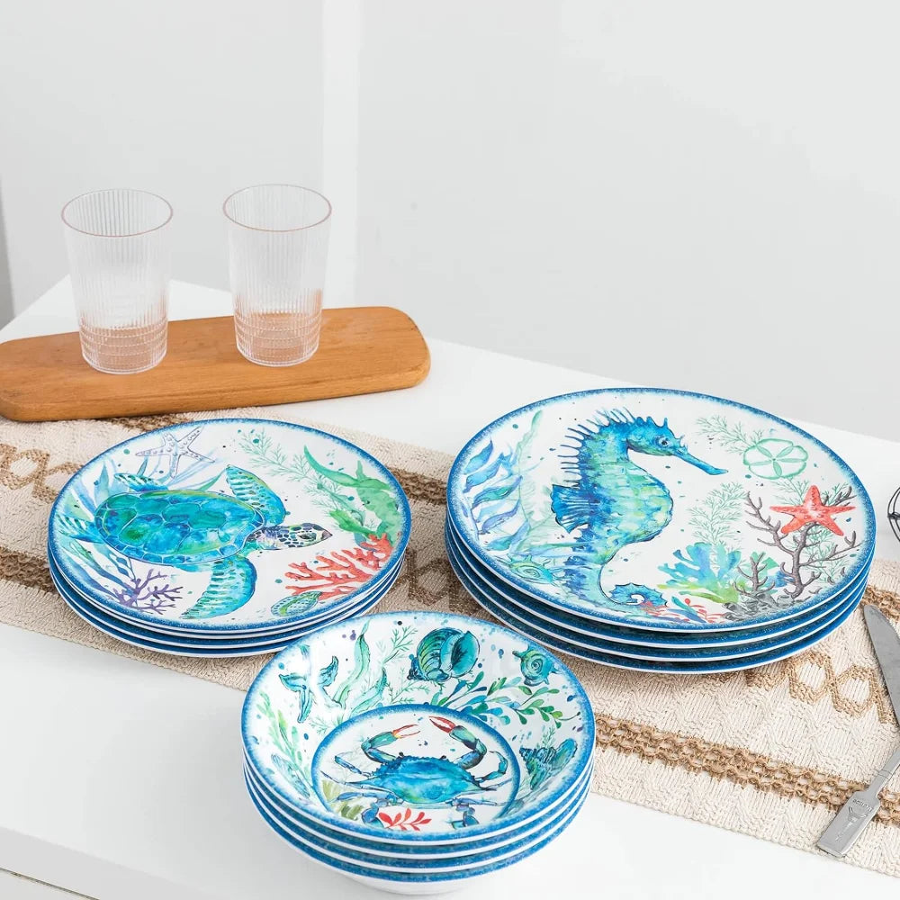 12-Piece Melamine Beach Dinnerware Set, Coastal Plates and Bowls Sets, Oceanic Sea Life Dish Sets for 4, Great for Indoor