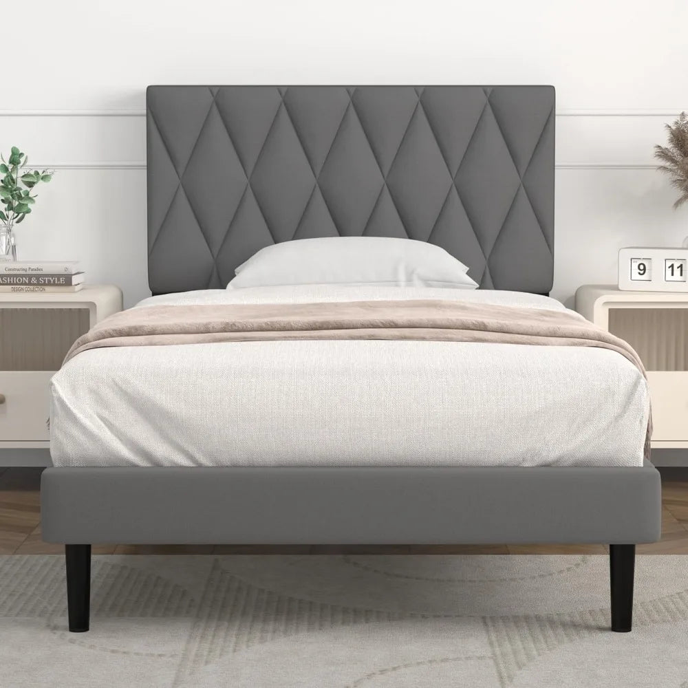 Twin Bed Frame Upholstered Platform with Headboard and Strong Wooden Slats, Strong Weight Capacity, Non-Slip and Noise-Free