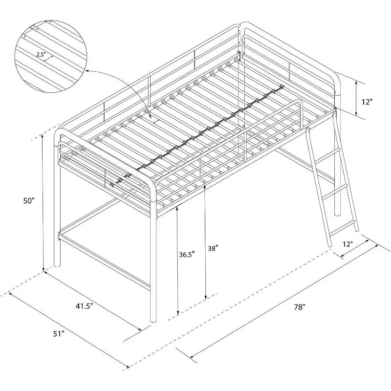 Junior Loft Bed Frame with Ladder, Twin, Silver