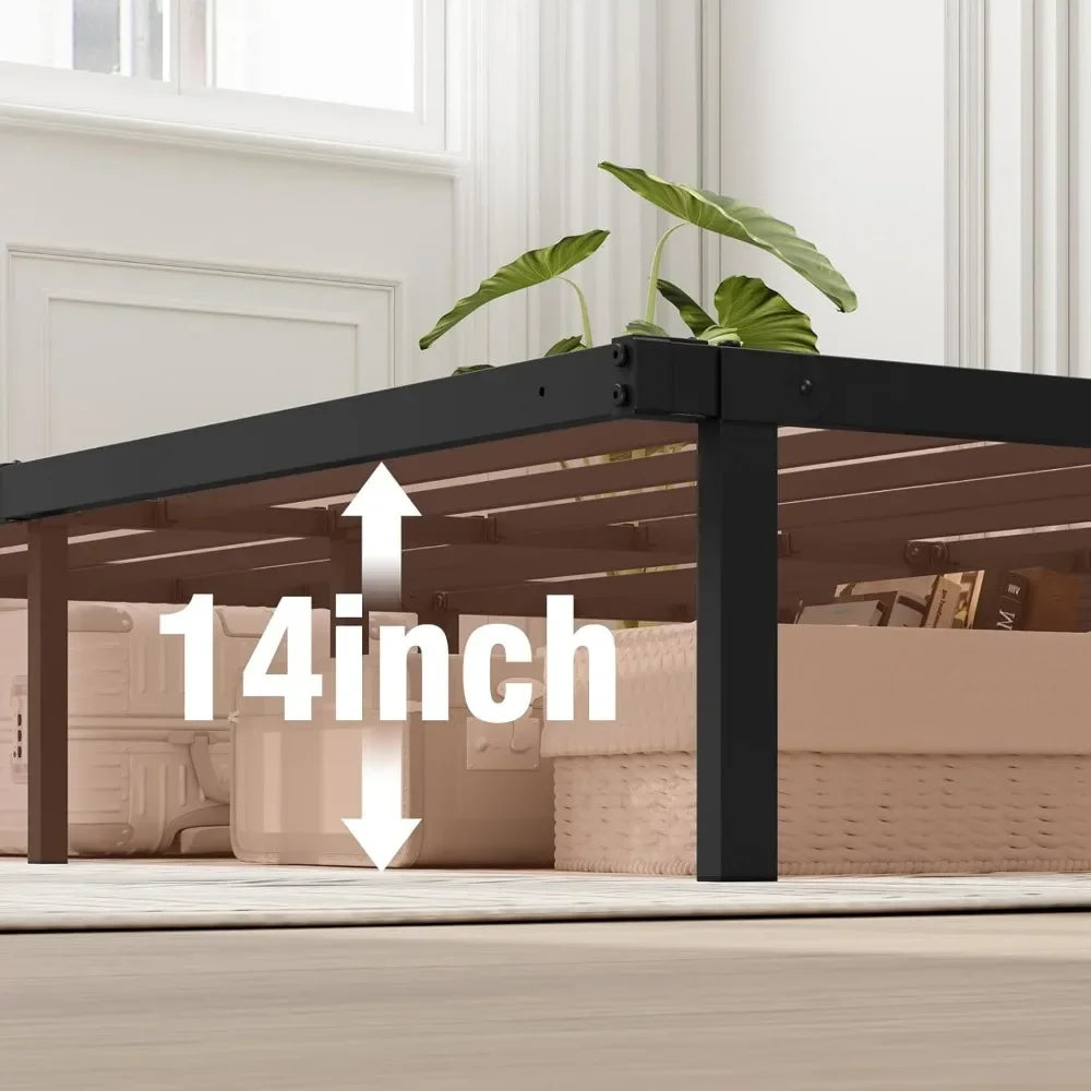 Foldable King Size Bed Frame Metal Platform Bed Black Quick Assembly Durable Steel Plate 11 Foot No Box Springs 14 Inches
