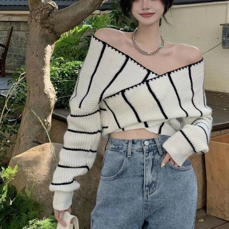Ins Striped Jacquard Sweater Women Elegant Loose Gentle V-neck Cross Color Contrast Long Sleeve Versatile Knit Pullover