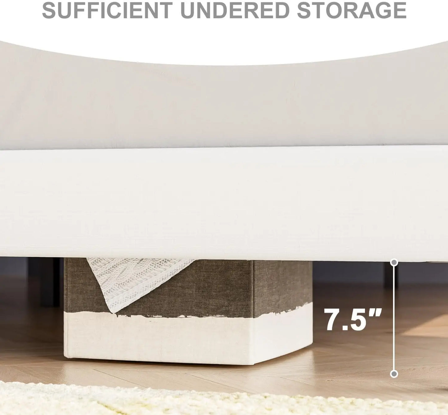 King Bed Frame with Headboard, Upholstered Platform Bed Frame, No Box Spring Needed, Non-Slip and Noise-Free, Off-White.