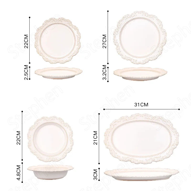 French Baroque Vintage Relief Dinner Plate Nordic Vintage Solid Color Carving Craft Dishes and Plates Sets Household Kitchenware