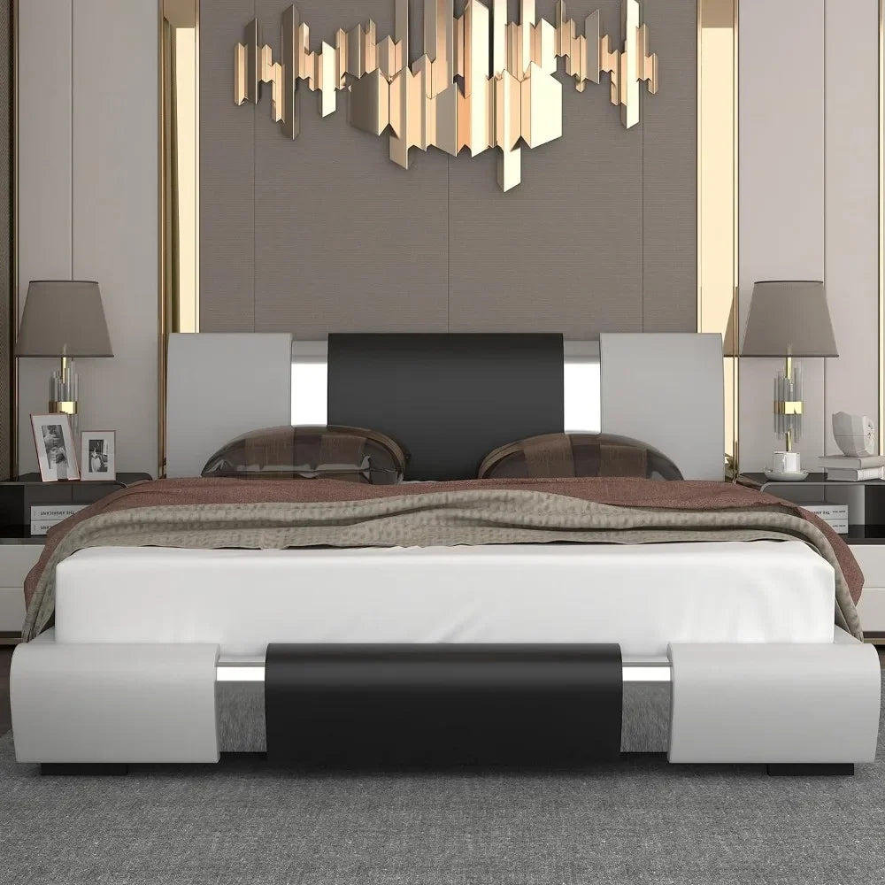 queen size bed frame, With faux leather upholstered headboard and wood slat support, Heavy duty mattress base,White & Black