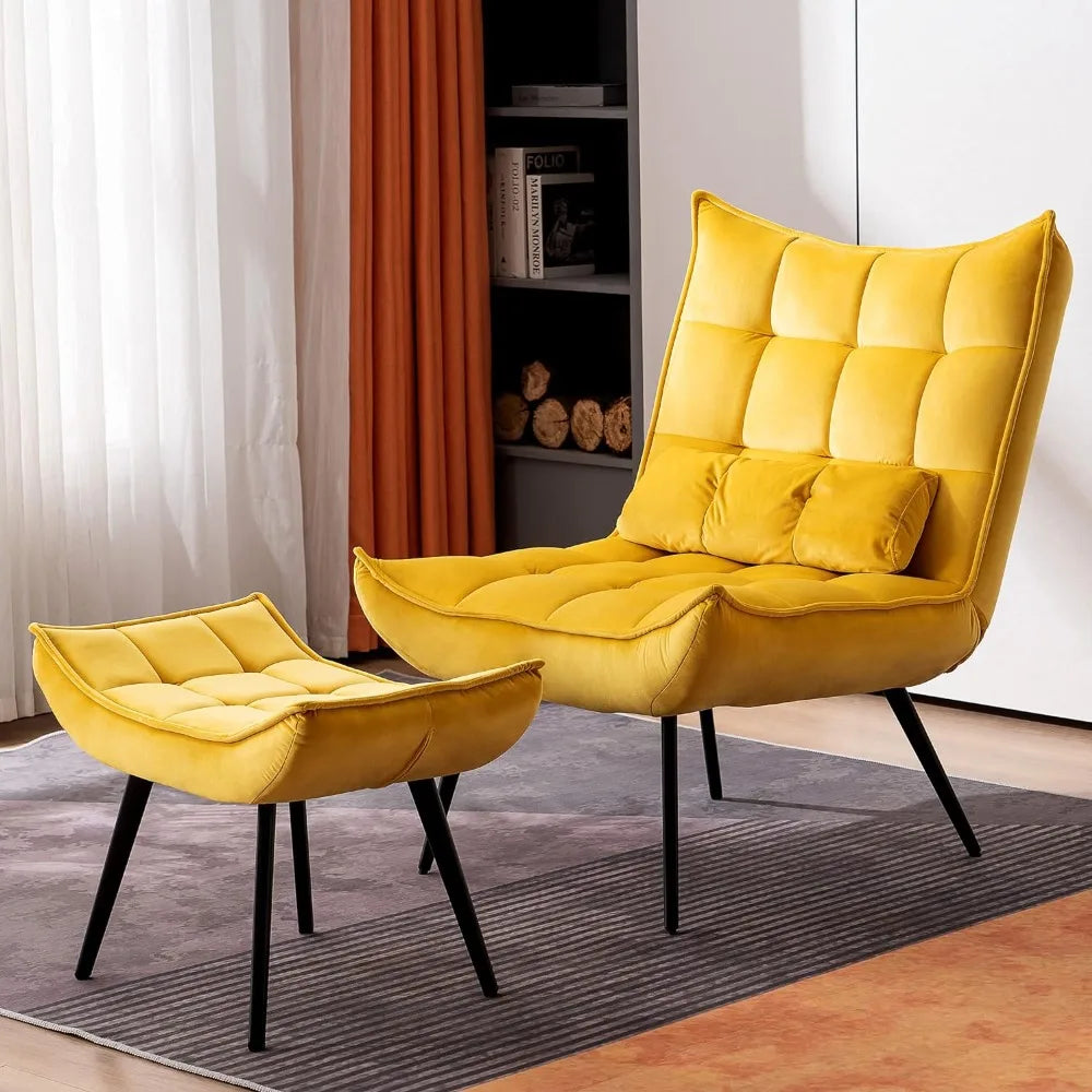 MCombo Accent Chair with Ottoman, Upholstered Leisure Chairs with Metal Legs for Bedroom Living Room (Yellow)