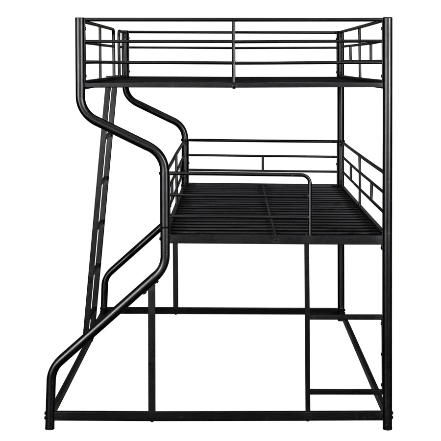 Full XL over Twin XL over Queen Size bed,Triple Bunk Bed with Safety guardrail,Long and Short Ladder,Unique curved metal frame