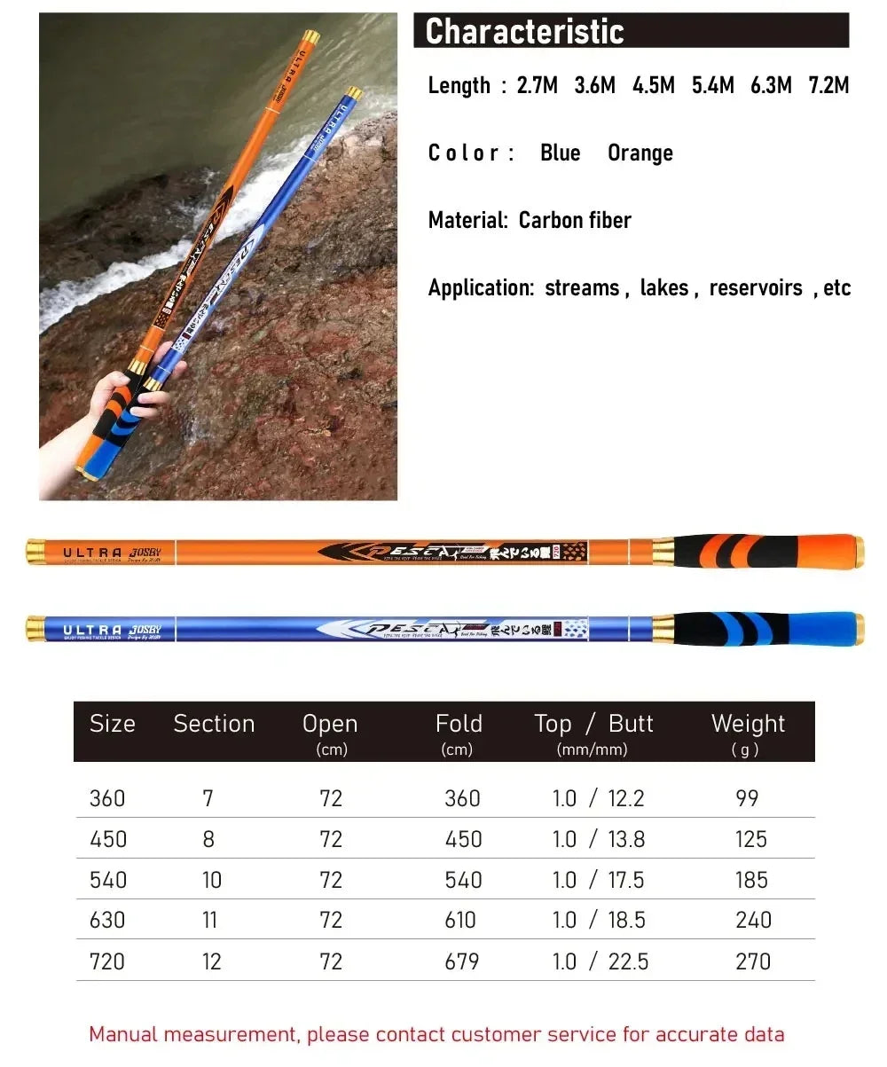 JOSBY Carbon Fiber 2.7M -7.2M Fishing Rod Telescopic Ultra-light Hard Pole For Stream Freshwater Fishing Tackle Professional