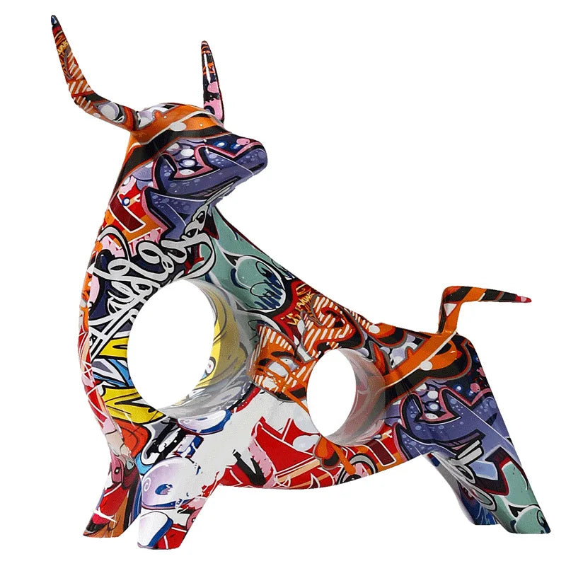 Art Colorful Bull Sculpture Resin Animal Statue Modern Art Graffiti Home Living Room Decor Desk Aesthetics Room Decor Gift