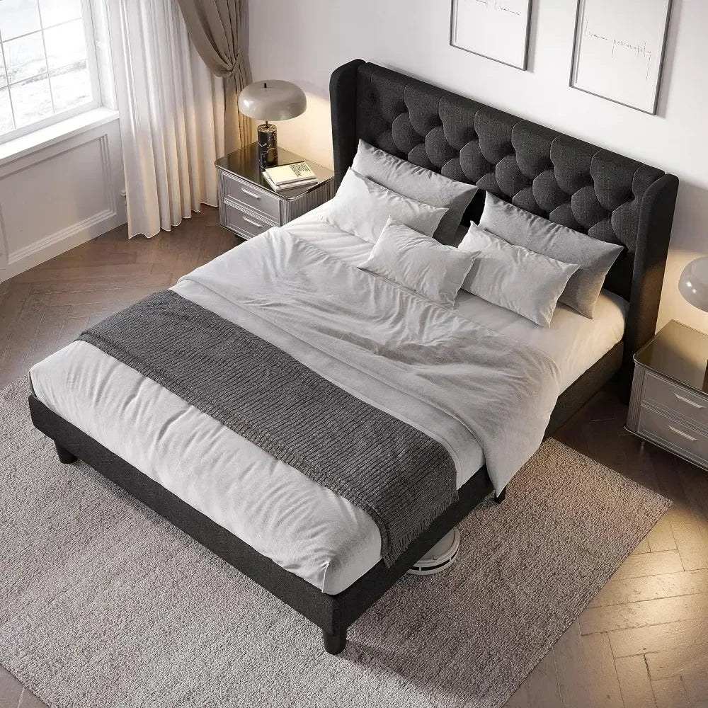 Bed FrameFull-size Bed Frame with button-tufted wing-back headboard with solid wood slatted support, modern upholstered bed fram