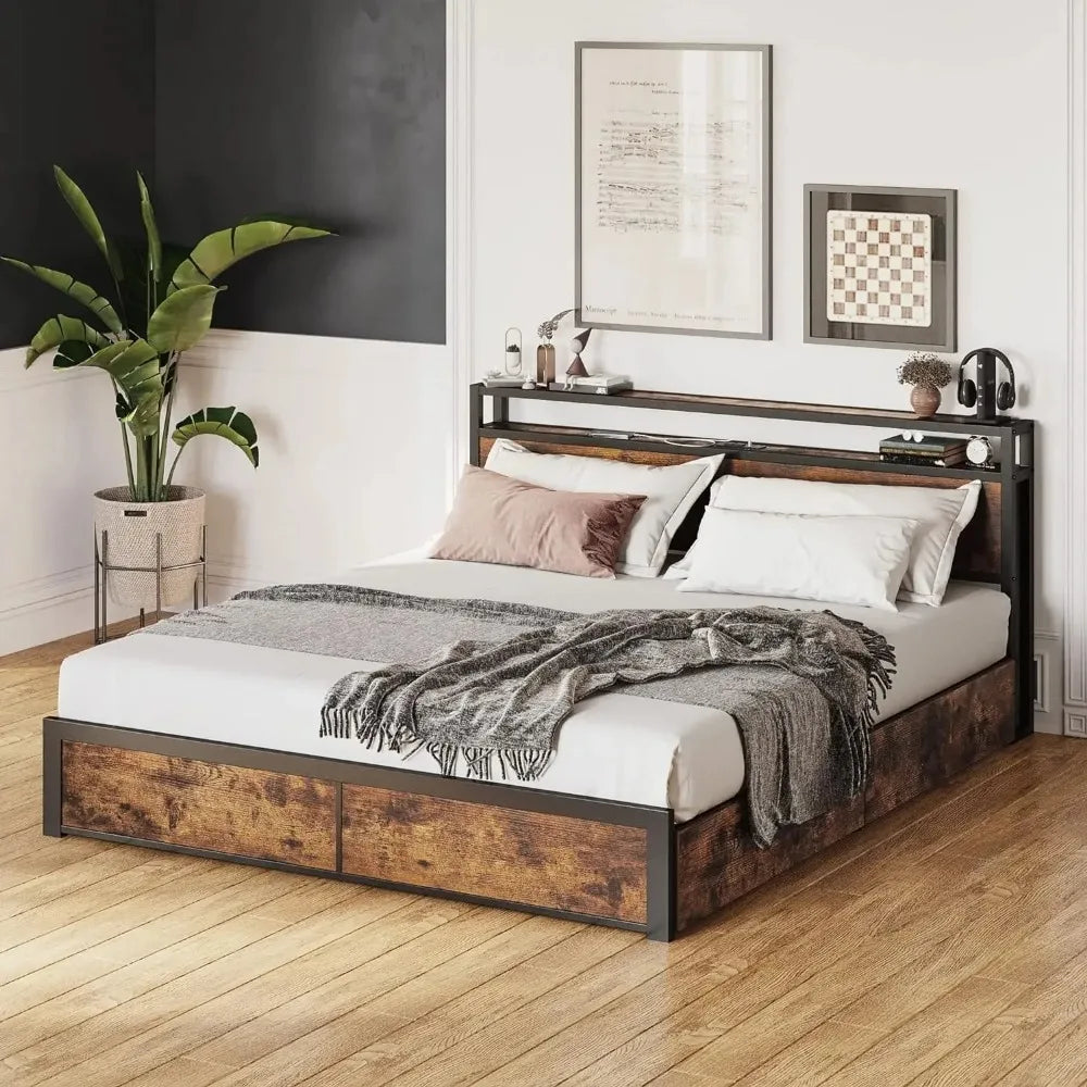 LIKIMIO Queen Bed Frame with Storage Drawer, 2-Tier Storage Headboard with Charging Station, No Box Spring Needed, Easy Assembly