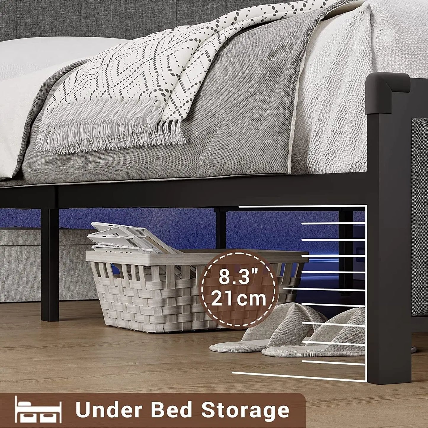 bed King Size Bed Frame with LED Lights Headboard Bed Dark Grey