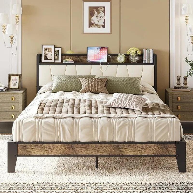 LIKIMIO Queen Bed Frame Storage Headboard with Charging Station Solid and Stable Noise Free No Box Spring Needed Easy Assembly