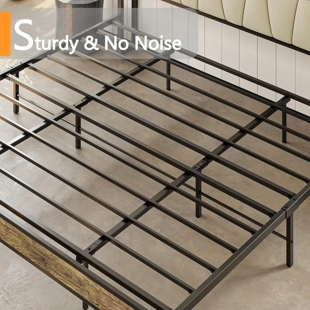 King Size Bed Frame, Storage Headboard with Charging Station, Solid and Stable, Easy Assembly Bed Frame