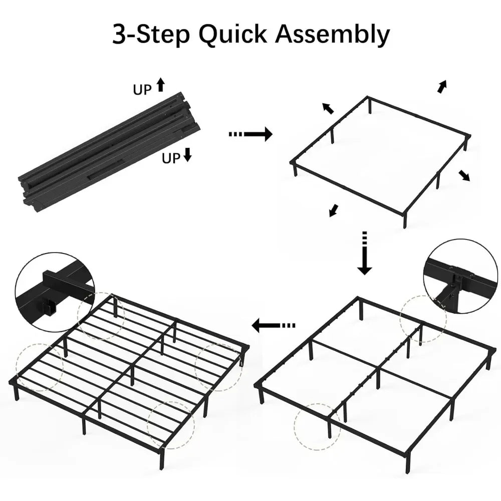 Foldable King Size Bed Frame Metal Platform Bed Black Quick Assembly Durable Steel Plate 11 Foot No Box Springs 14 Inches