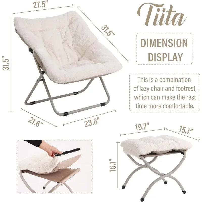 Tiita Saucer Chair with Ottoman Soft Faux Fur Oversized Folding Accent Chair Lounge Lazy Chair Living Room Dorm Rooms
