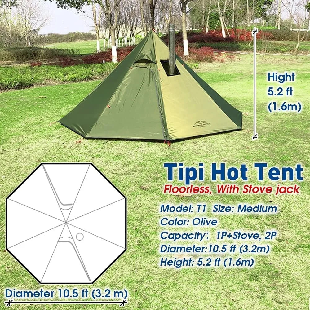 3 Person Lightweight Tipi Hot Tent with Fire Retardant Flue Pipes Window Teepee Tents