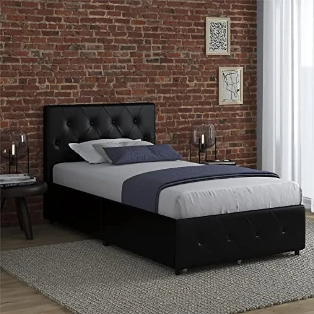 DHP Dakota Upholstered Platform Bed with Underbed Storage Drawers and Diamond Button Tufted Headboard and Footboard, Bed Frame