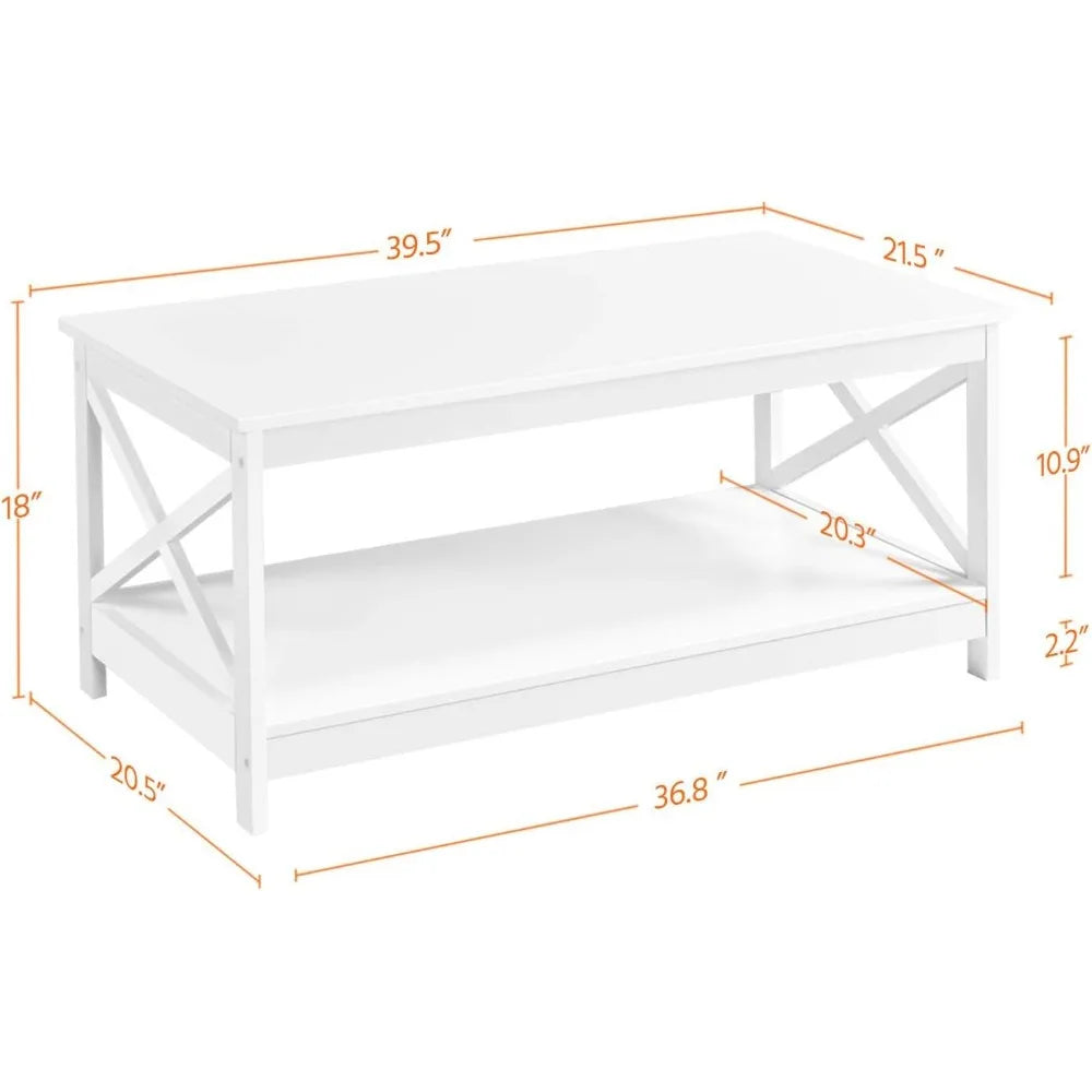 Yaheetech Wood 2-Tier White Coffee Table with Storage Shelf for Living Room, X Design Accent Cocktail Table, Simple Design