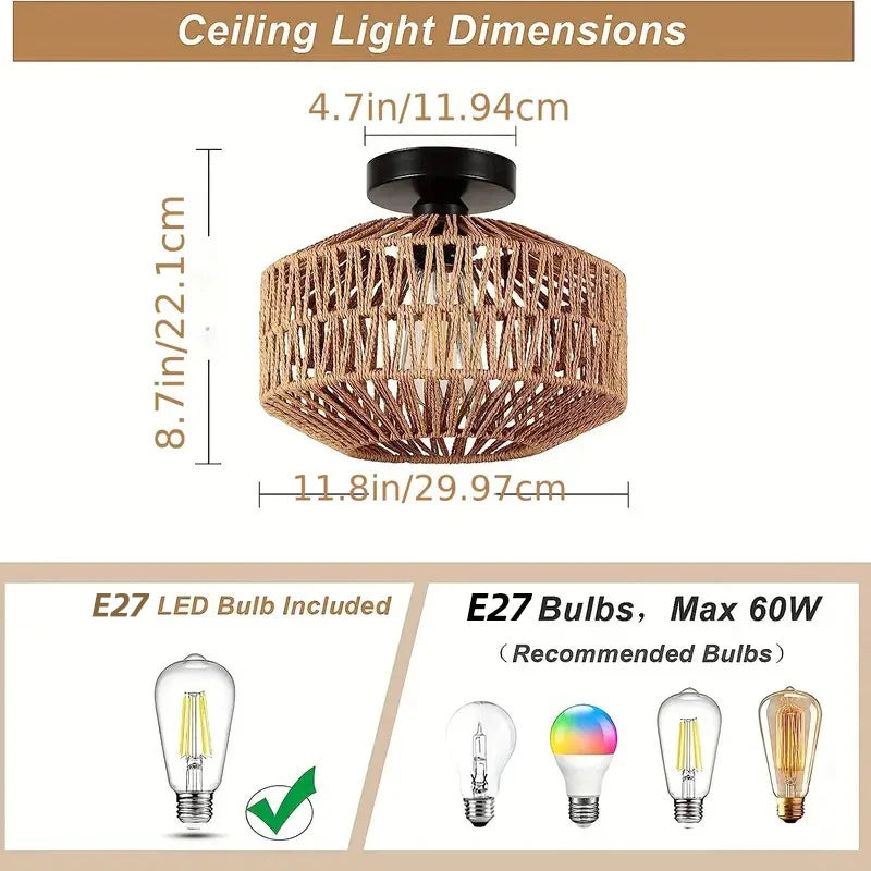 Ceiling Lights Rattan Chandelier Light Fixture Hand Woven Fixture Flush Mount For Hallway Bedroom Kitchen Entrance Living Room