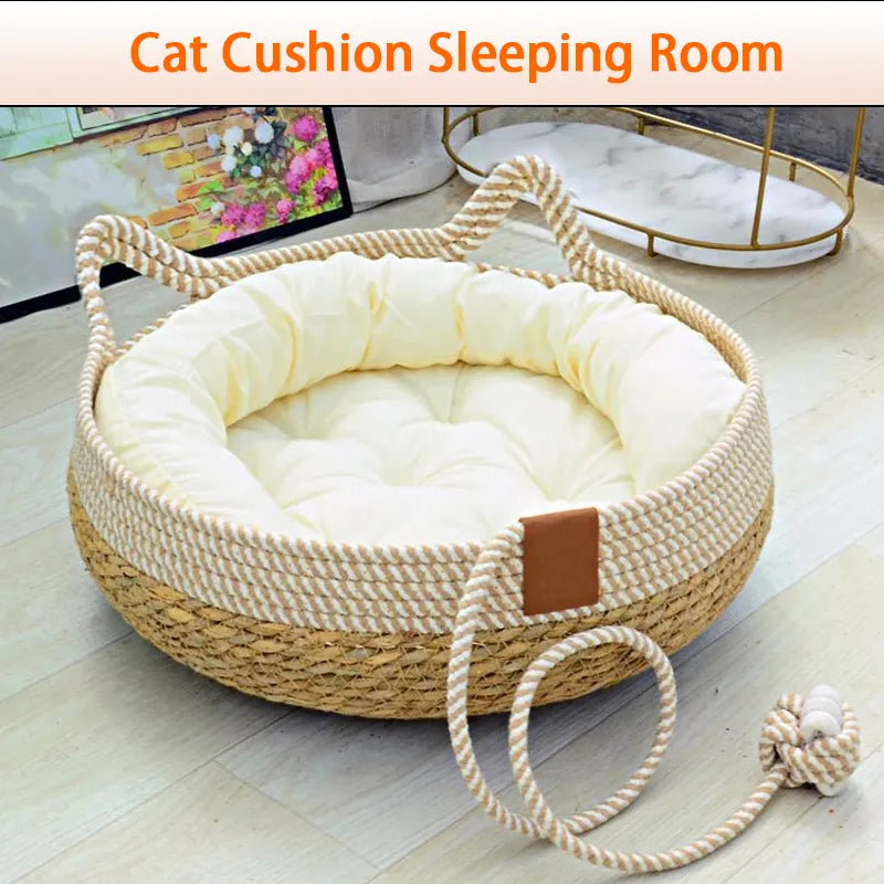 Summer Cat Bed Woven Removable Upholstery Sleeping House Cat Scratch Floor Rattan Wear-resistant Washable Cat Pet Supplies