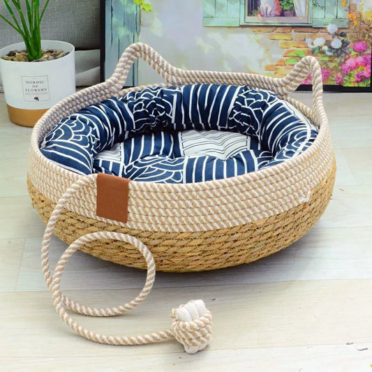 Summer Cat Bed Woven Removable Upholstery Sleeping House Cat Scratch Floor Rattan Wear-resistant Washable Cat Pet Supplies