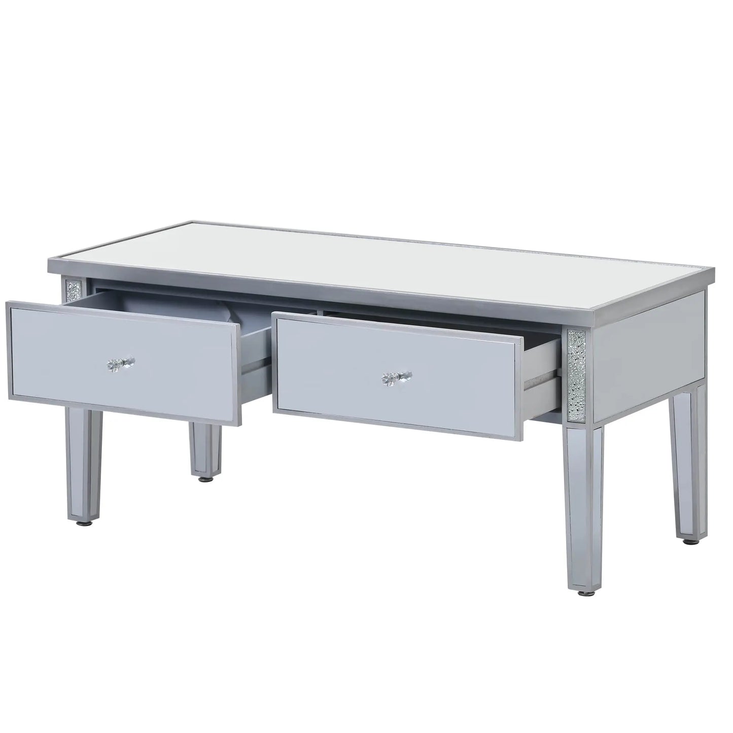 Modern Glass Mirrored Coffee Table W/2 Drawers Cocktail Table W/Crystal Handles&Adjustable Height Legs for Living Room Silver