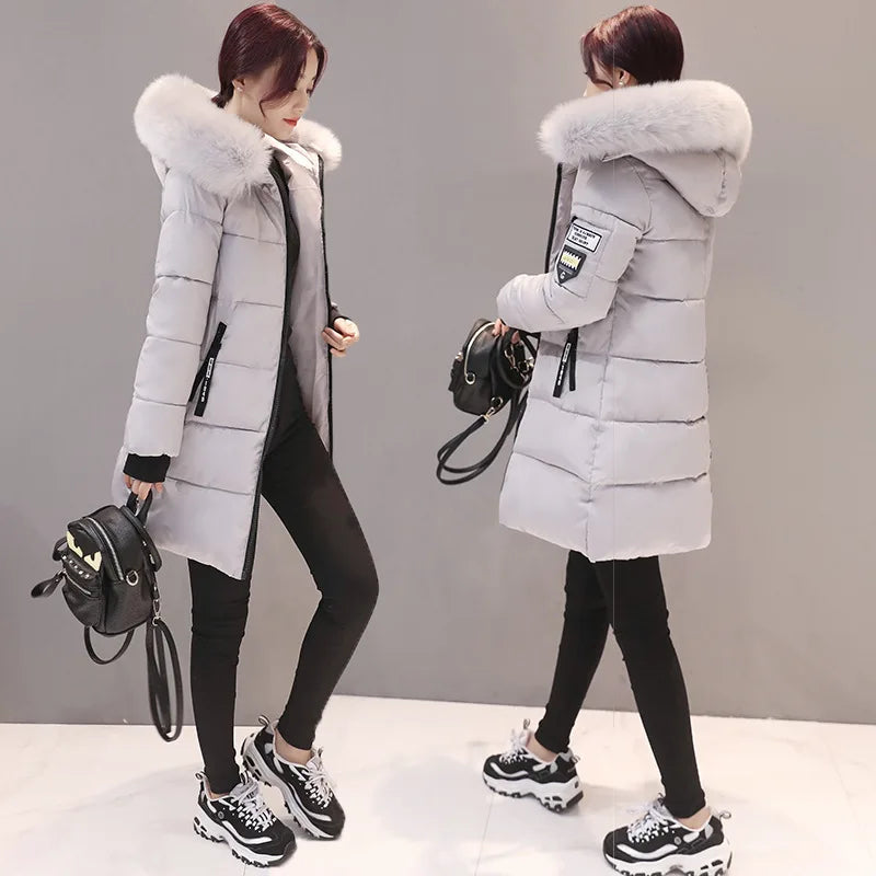 2023 Winter Women Parka Coats Long Cotton Casual Fur Hooded Jackets Thick Warm Slim-fit Jacket Female Overcoat Clothing