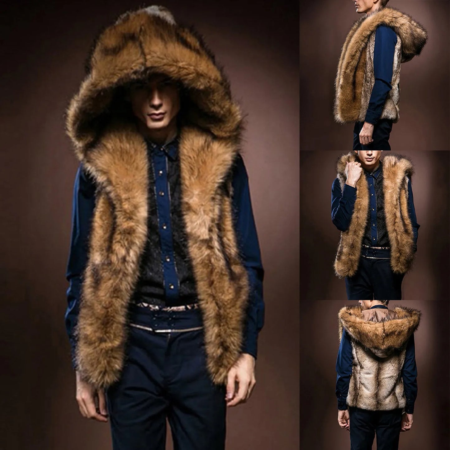 Men Faux Furry Coat 2021 Autumn Winter Warm Thick Jacket Sleeveless Outwear Vest Cardigan Hooded Overcoat Male Coat Dropshipping